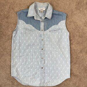 Clementine Tank Womens M Blue Denim Western Patchwork Vintage Silver Button Vest